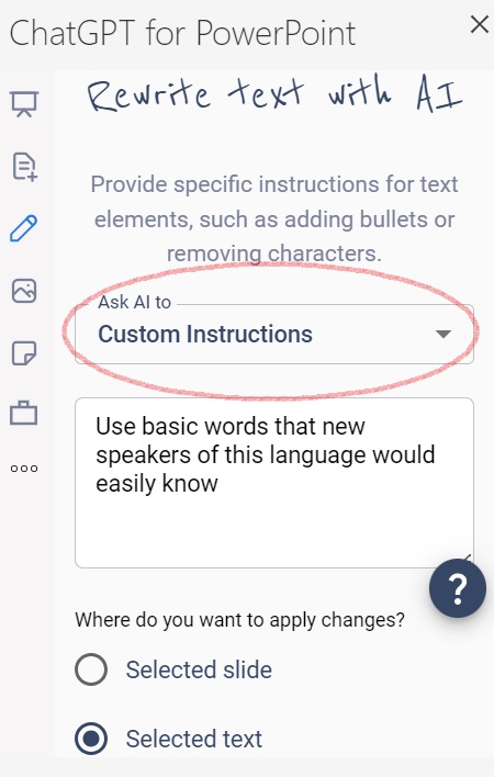 custom instructions screen in ChatGPT for PowerPoint add-in