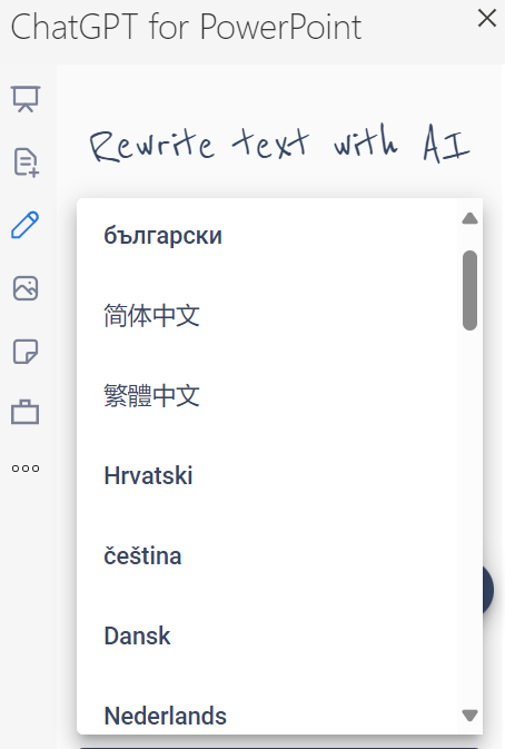languages available with ChatGPT for PowerPoint