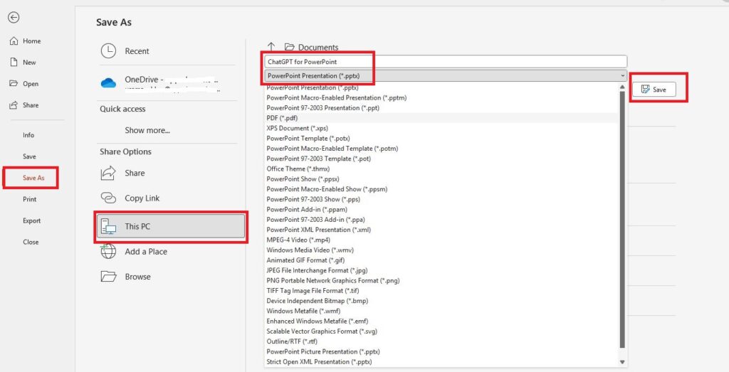 save as feature in PowerPoint
