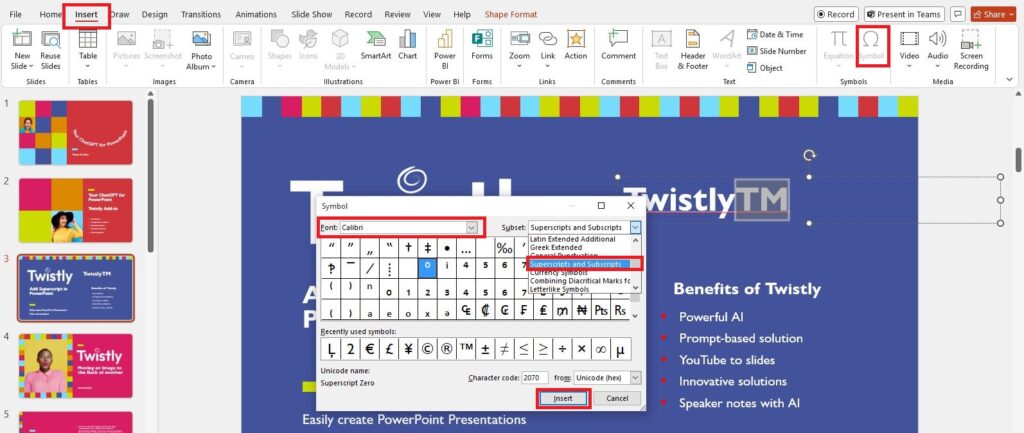 insert symbol via insert option