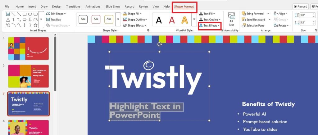 highlight text with text effects