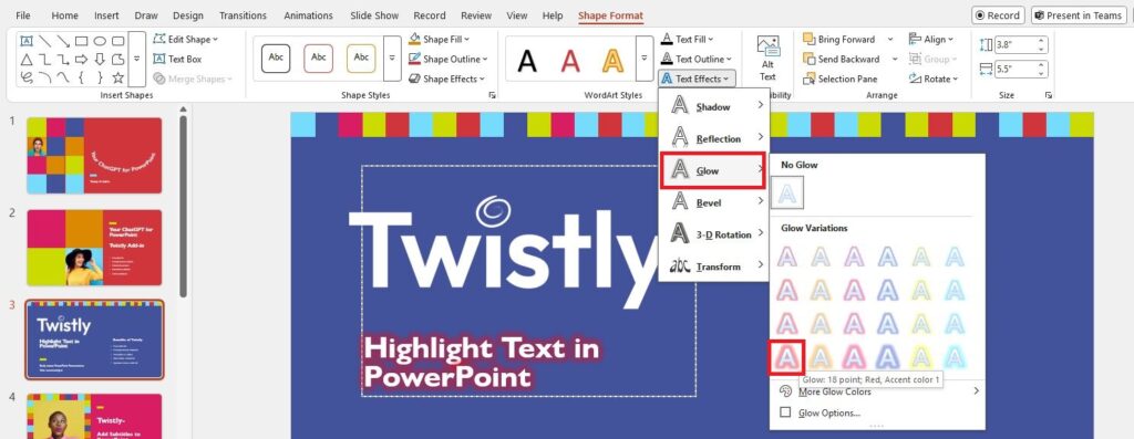 steps to highlight text with effects
