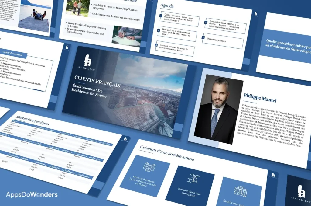 a group of blue and white business cards