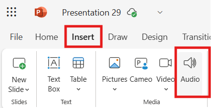 powerpoint audio file insert menu