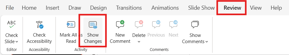 how to show changes in powerpoint online