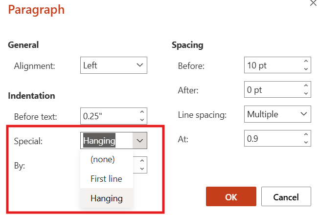 creating a hanging indent using paragraph dialog box in powerpoint