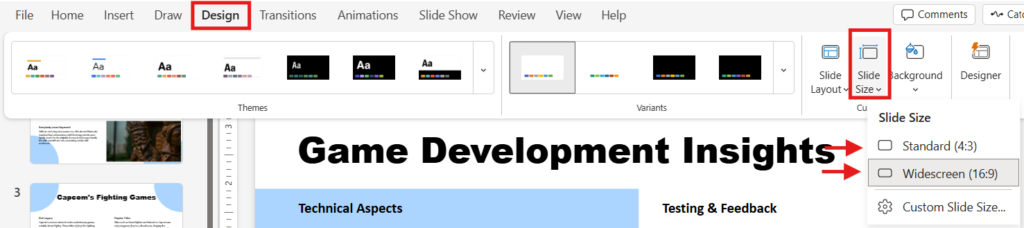 screenshot of changing slide size in powerpoint