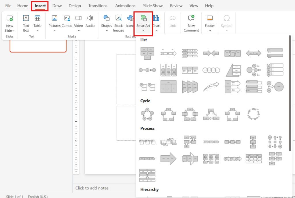 smart art in powerpoint menu