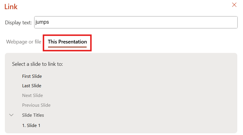 link to slide dialog box in powerpoint online