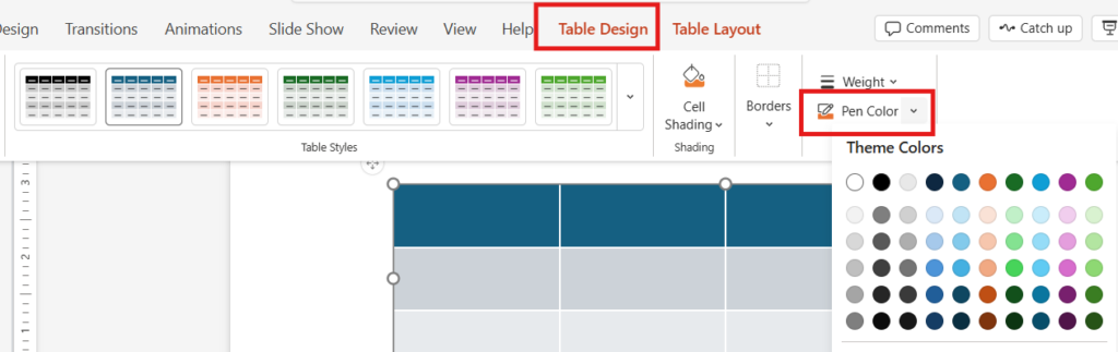 table design ribbon in powerpoint showing border pen color tool