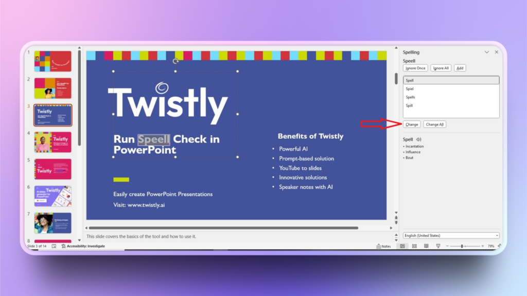 steps to run spell check in PowerPoint