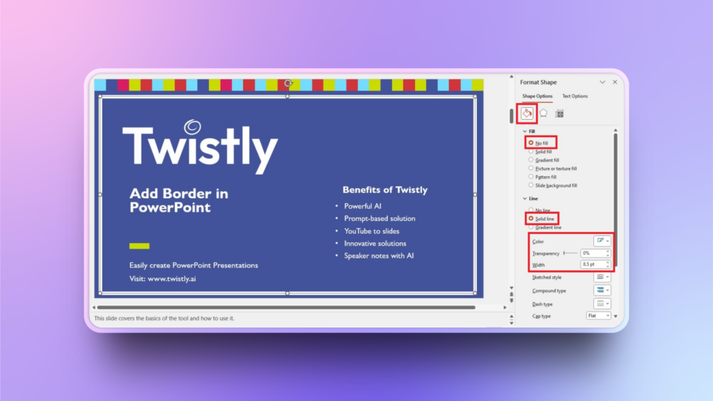Set edits for border in slides