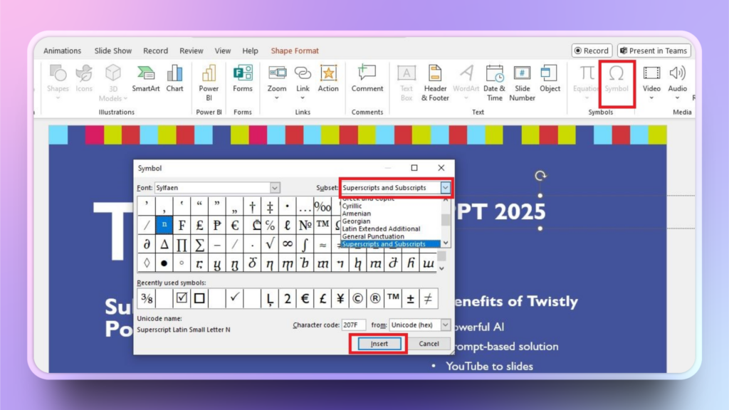 subscript a symbol in PowerPoint