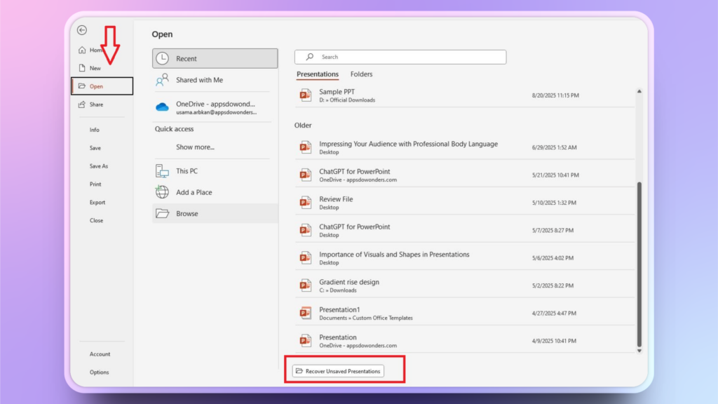 recover unsaved presentations