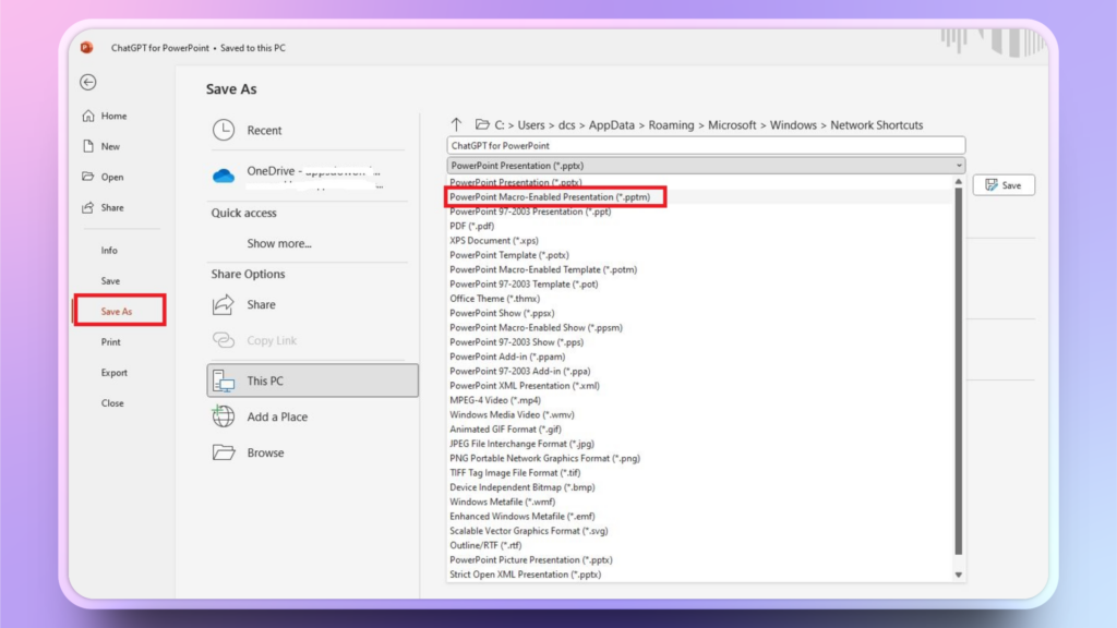 save macro in PowerPoint