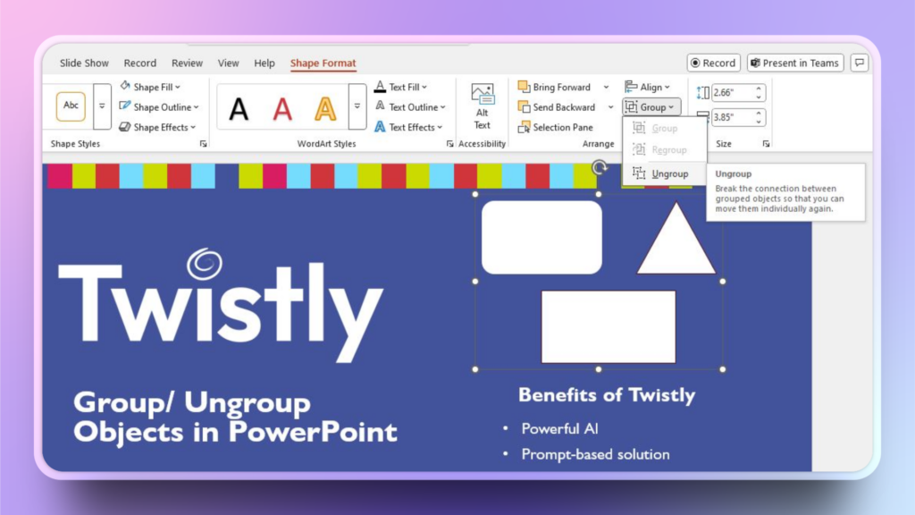 how to ungroup objects in PowerPoint
