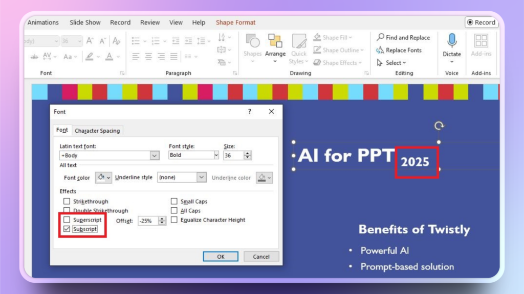 subscript in PowerPoint