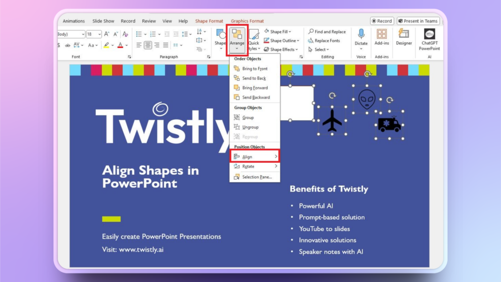 steps to align shapes in PowerPoint