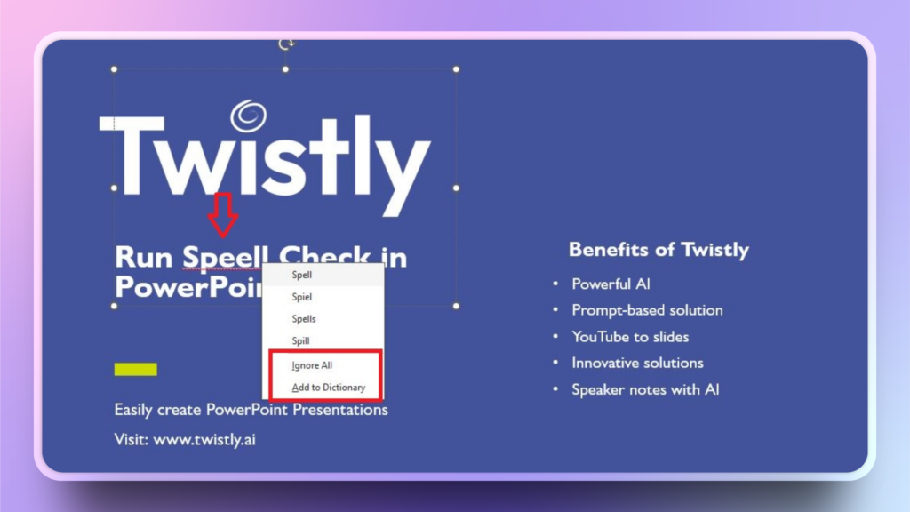 how to run spell check in PowerPoint