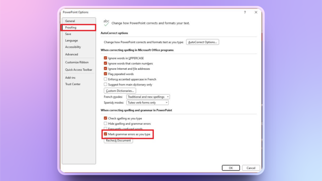 activate spell check in PowerPoint