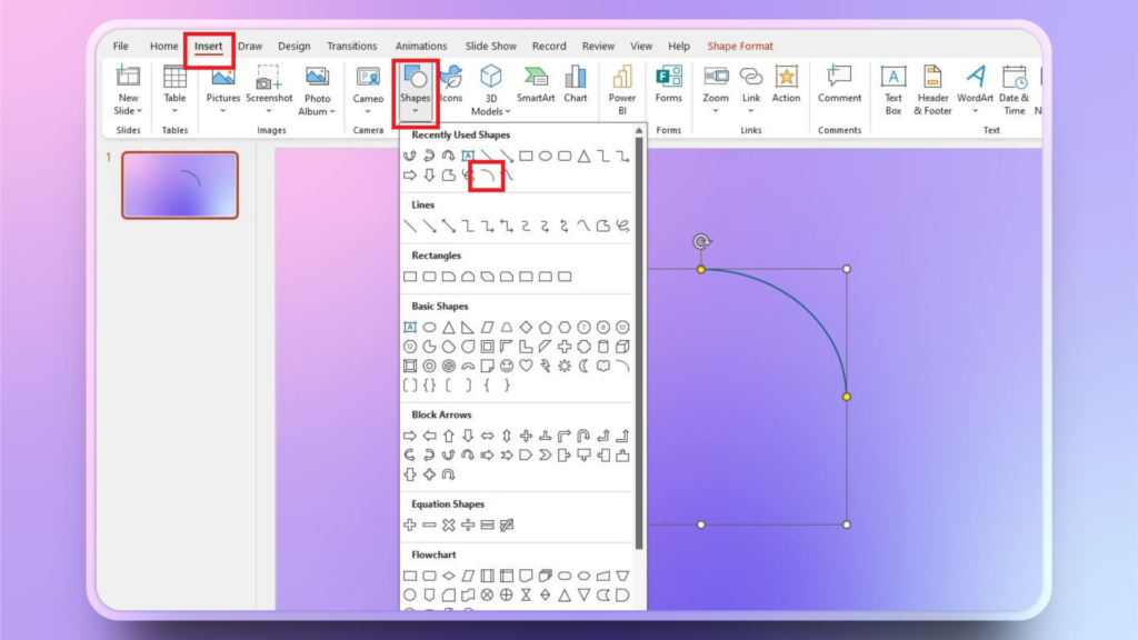 use arc for curved arrow in PowerPoint