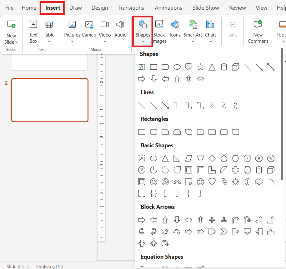 insert shapes location in powerpoint