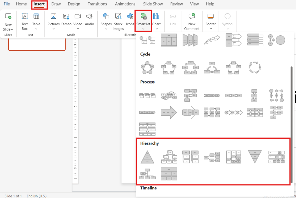 location of smartart hierarchy section in powerpoint