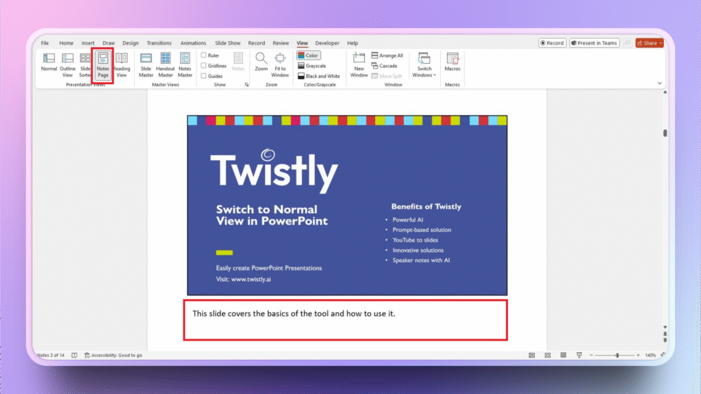 Reading Page view in PowerPoint