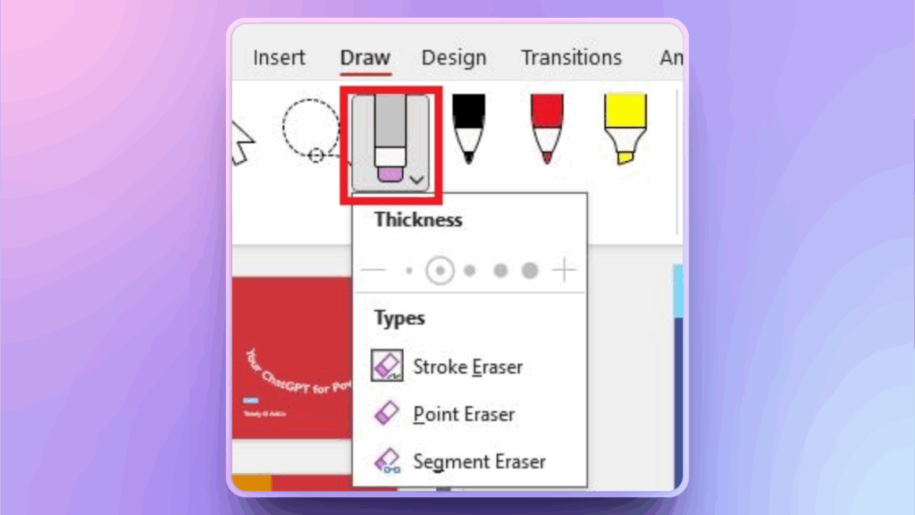 eraser tool in Draw tab