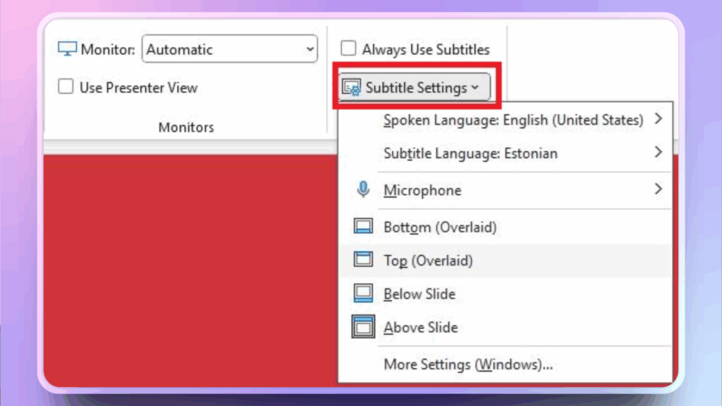 subtitle settings in PowerPoint