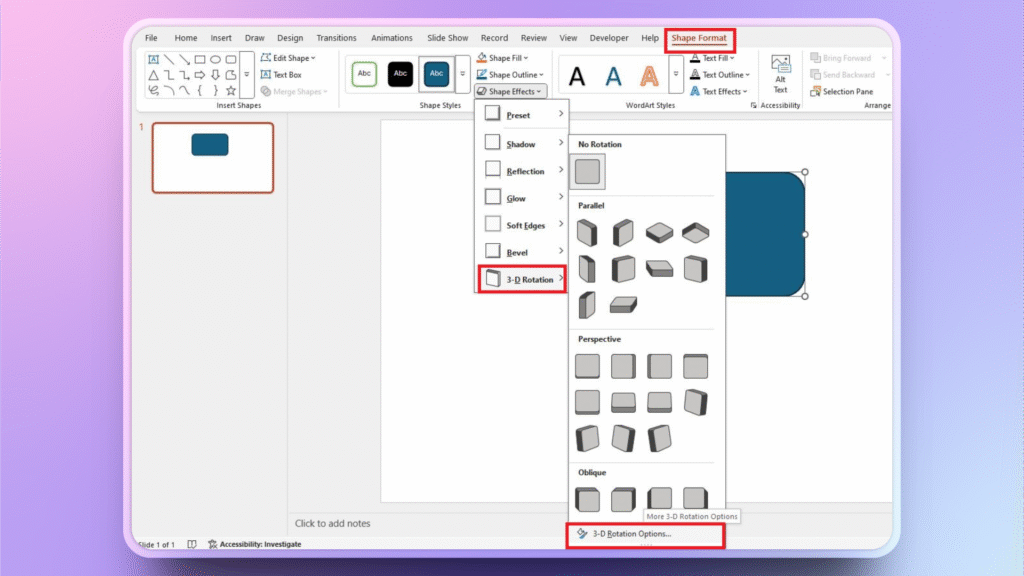3D rotation options in PowerPoint