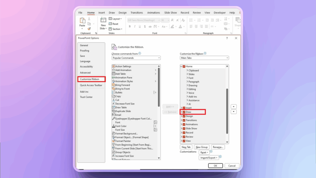 add draw tab to top ribbon