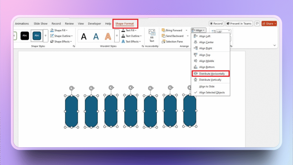 arrange shapes horizentally in PowerPoint