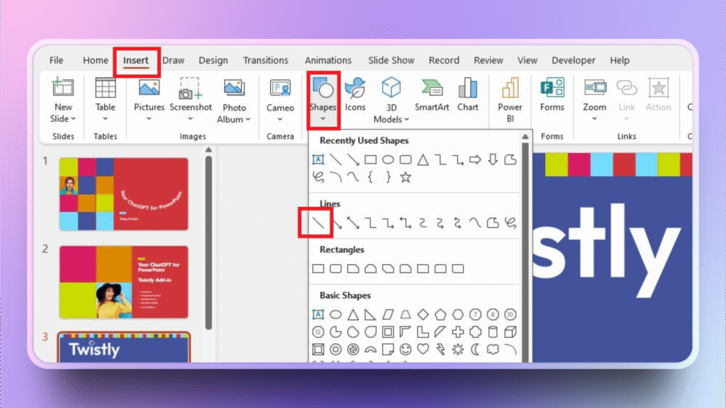 insert a line in PowerPoint