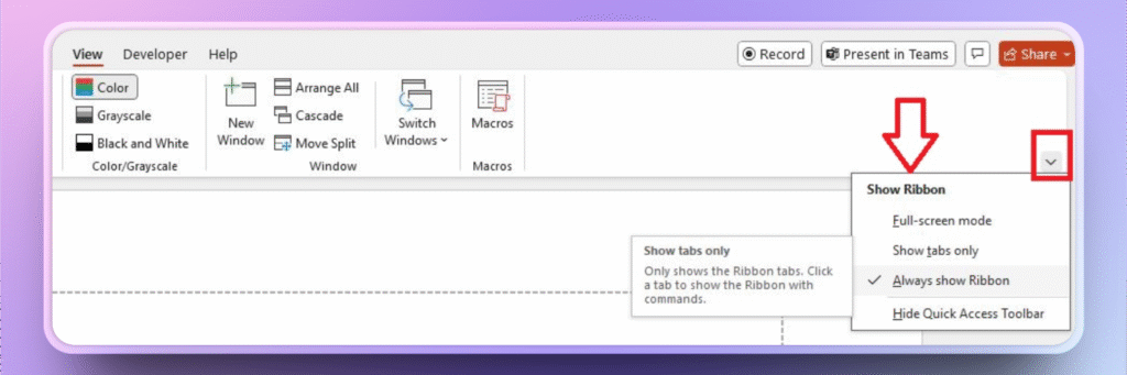 show or hide ribbon in PowerPoint