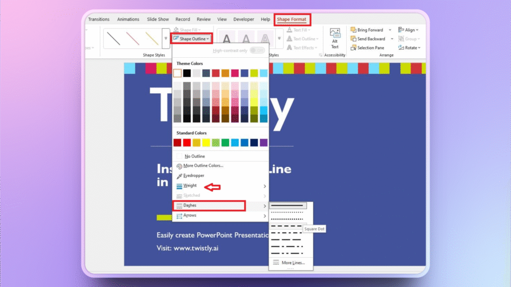 Insert a dotted line in PowerPoint