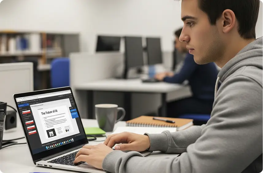 Student researching the future of AI on laptop