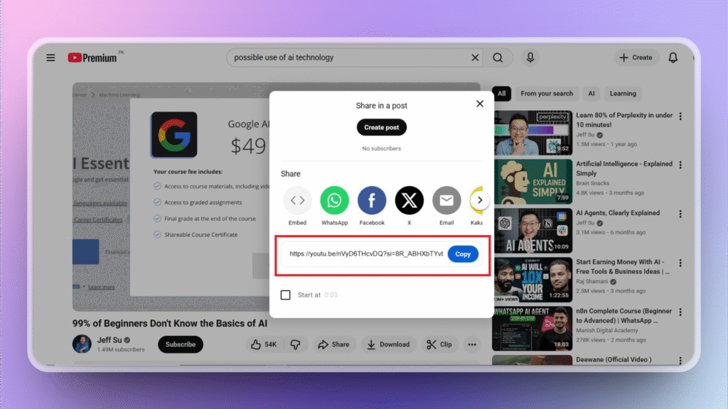 Copy YouTube video link