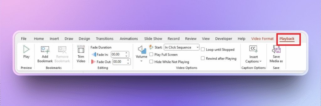 Video playback tab in PowerPoint
