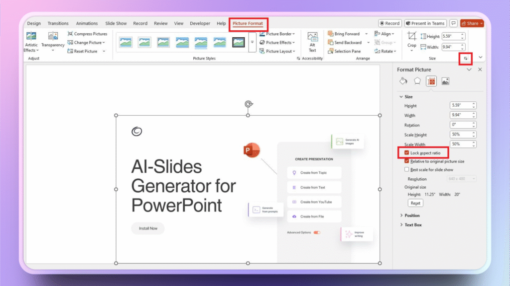 Lock aspect ratio in PowerPoint