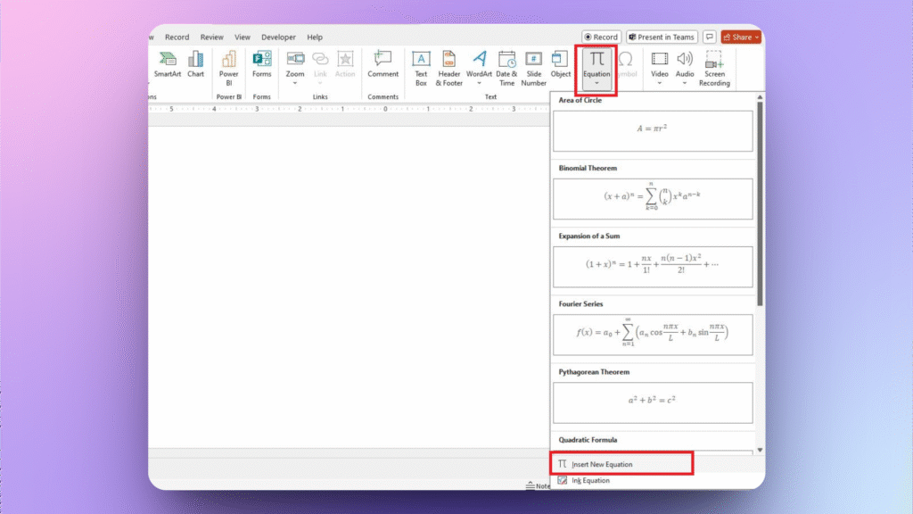 Insert new equation to PowerPoint