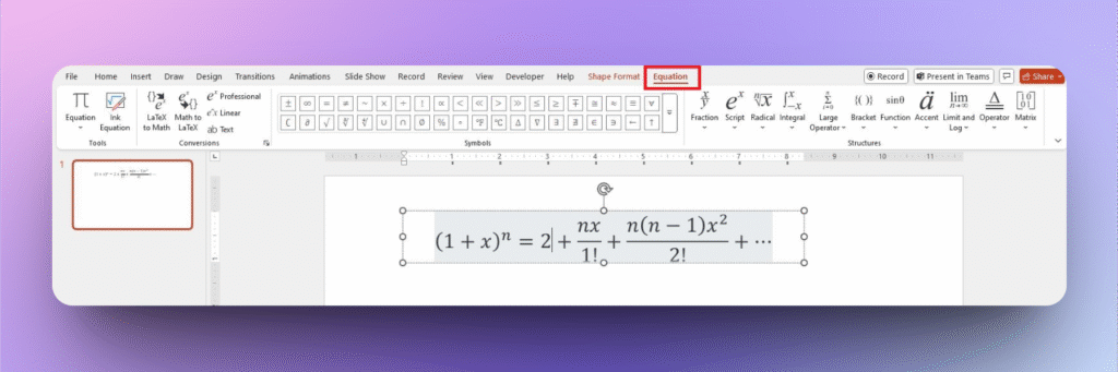 Equation tab in PowerPoint