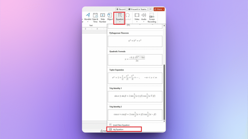 Ink equation in PowerPoint