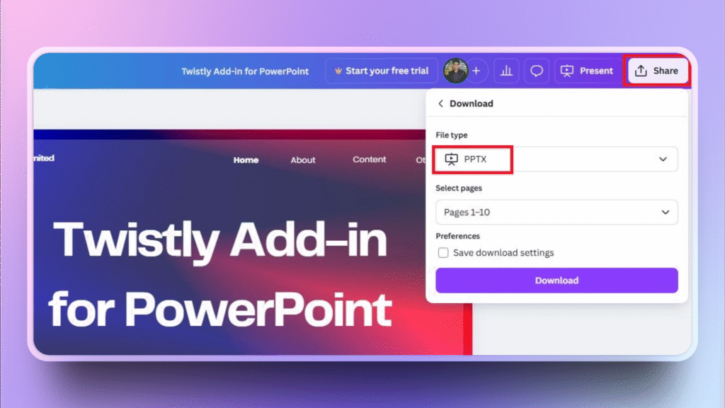 Save Canva as PPTX