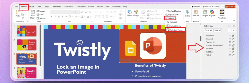 Selection pane in PowerPoint