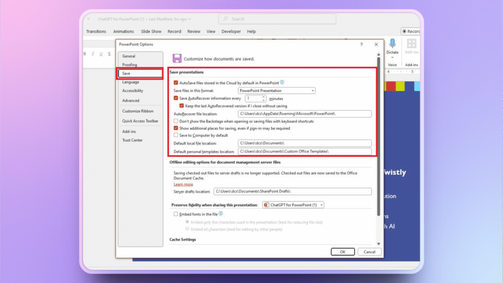 Autosave feature settings in PowerPoint