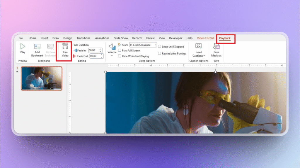 video playback tab in PowerPoint