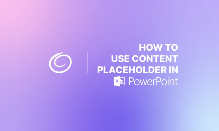 Gradient purple background with white text reading "How to use content placeholder in PowerPoint" and a circular logo.