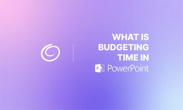 Gradient background with text "What is Budgeting Time in PowerPoint" and PowerPoint icon.