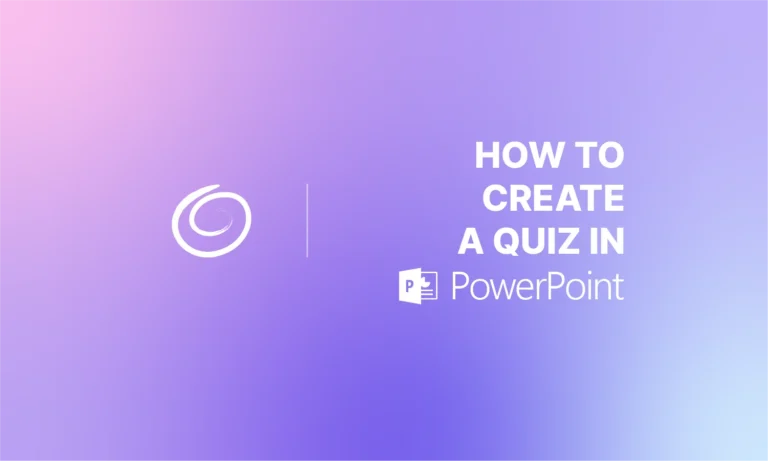 Gradient background with purple and pink hues, text "How to create a quiz in PowerPoint," and PowerPoint logo.